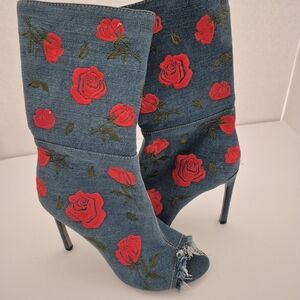 AKIRA Romantic Red Rose Embroidered Denim Booties